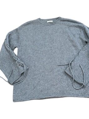 See By Chloe Gray Crewneck Sweater with Lace-Up Sleeves